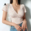 European and American Floral Print Women's Fashion Slim Body Low Cut Sexy Short Crop Top Jersey Breathable T-shirt