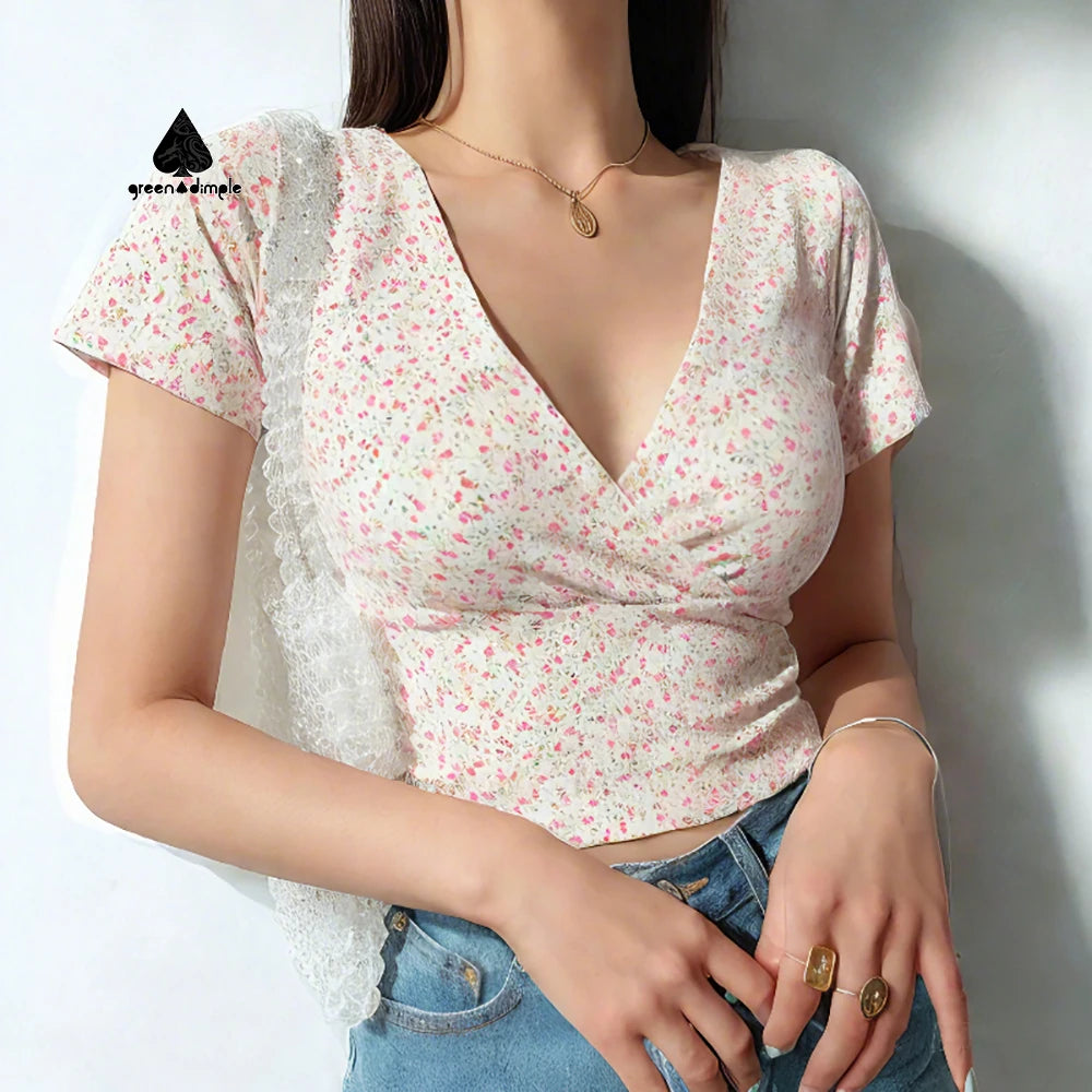 European and American Floral Print Women's Fashion Slim Body Low Cut Sexy Short Crop Top Jersey Breathable T-shirt