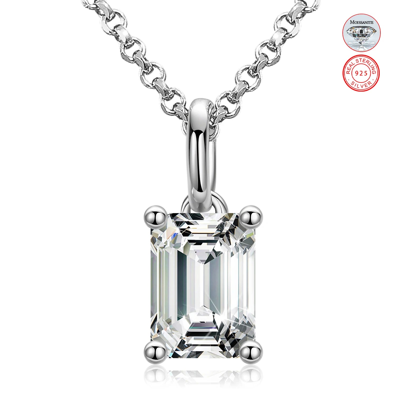 Wedding Jewelry Women White Gold Plated 925 Sterling Silver 1ct Emerald Cut Moissanite Diamond Solitaire Pendant Necklace