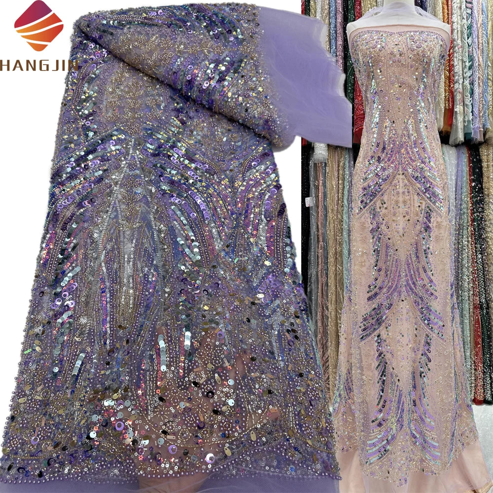 2024 Luxury Colorful 3D Embroidery Bridal Lace Fabric Handmade Tulle Beaded Sequins Lace Fabric With Pearls for Wedding Dress