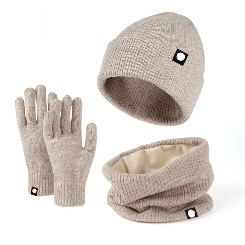 Women Men 3pcs Set Acrylic Knit Winter Beanie Hat with Scarf and Gloves Set with Leather Patch Label