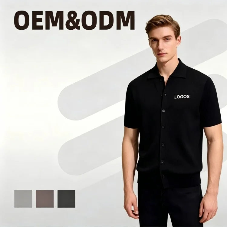 Custom Screen Print Men's Slim Fit Solid Short Sleeve Button Knit Turn-Down Collar Cardigan Shirt