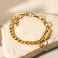 Lateefah OEM PVD Plated Cuban Chain Stitching Oval Chain Heart Stainless Steel OT Clasp Women Bracelet
