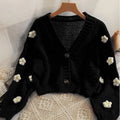 Autumn Slim Short Outerwear Long-sleeved Top Fashion V-neck Flower Knitted Cardigan for Women