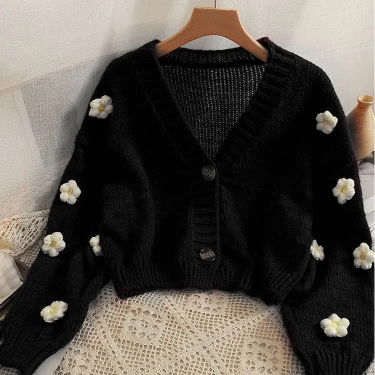 Autumn Slim Short Outerwear Long-sleeved Top Fashion V-neck Flower Knitted Cardigan for Women