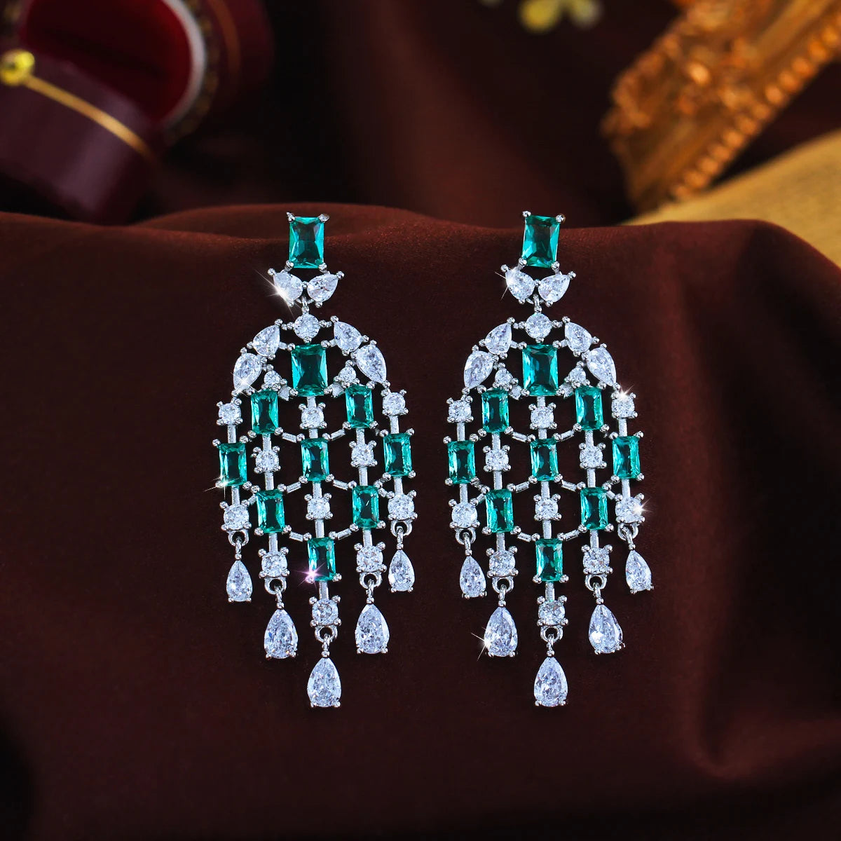 Elegant Light Blue White Cubic Zirconia Popular Bohemian Long Tassel Dangle Drop Earrings for Lady Wedding Party Wear Jewelry