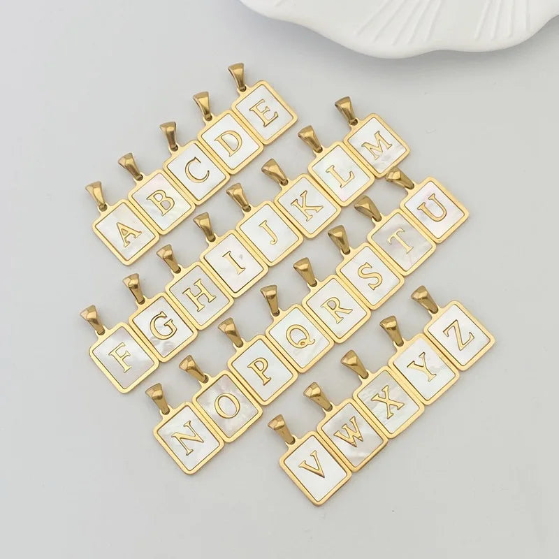 Hot Sales Stainless Steel 18k Gold Plated 26 A-Z Initial Letter White pink Blue Shell square Rectangle Pendant for Necklace
