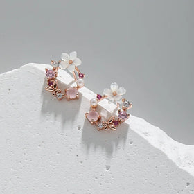 Fashion Pearl Jewelry Earrings 925 Silver Zircon Korean Flower Earrings With Pearl for Women