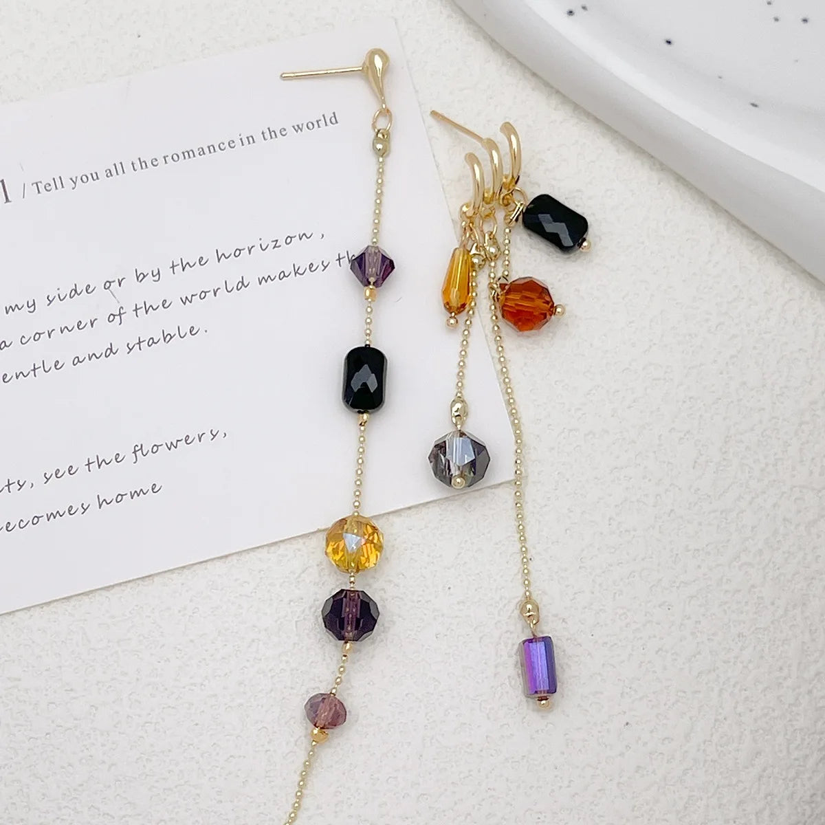 Colorful Crystal Asymmetrical Long Tassel Earrings for Women Retro Hong Kong High-End Feeling Trendy Subtle Tempered Earrings