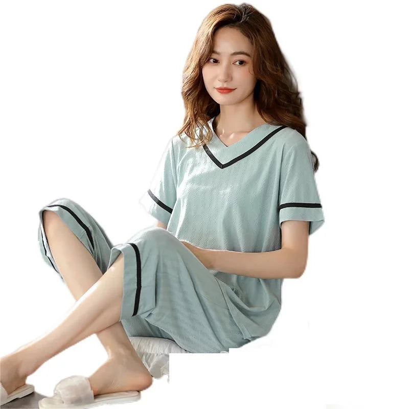 Women's Pajamas New Modal Jacquard Short Sets Three Quarters Pants V Collar Korean Women Home Wear Pajamas Breathable