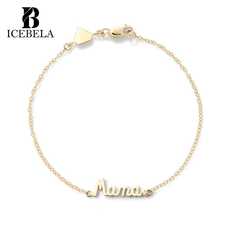 ICEBELA Trendy Stylish Fine Jewelry Custom Mother's Day Jewelry 925 Sterling Silver Gold Plated Letter Chain Bracelet for Women
