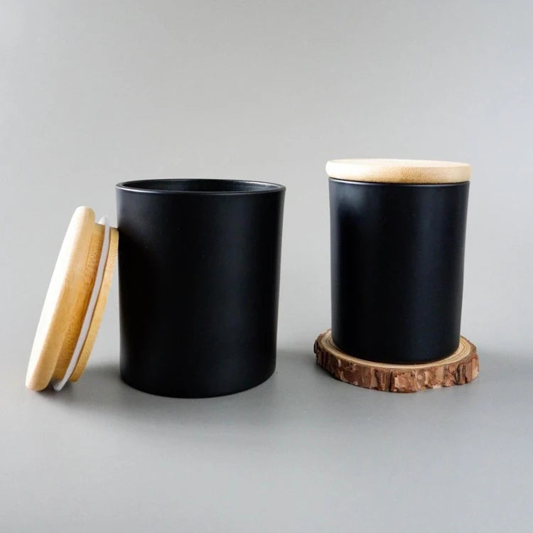 Luxury Custom Private Label Logo Large Big Black Empty Matte Frosted Glass Candle Container Vessel Jar with Wooden Lid