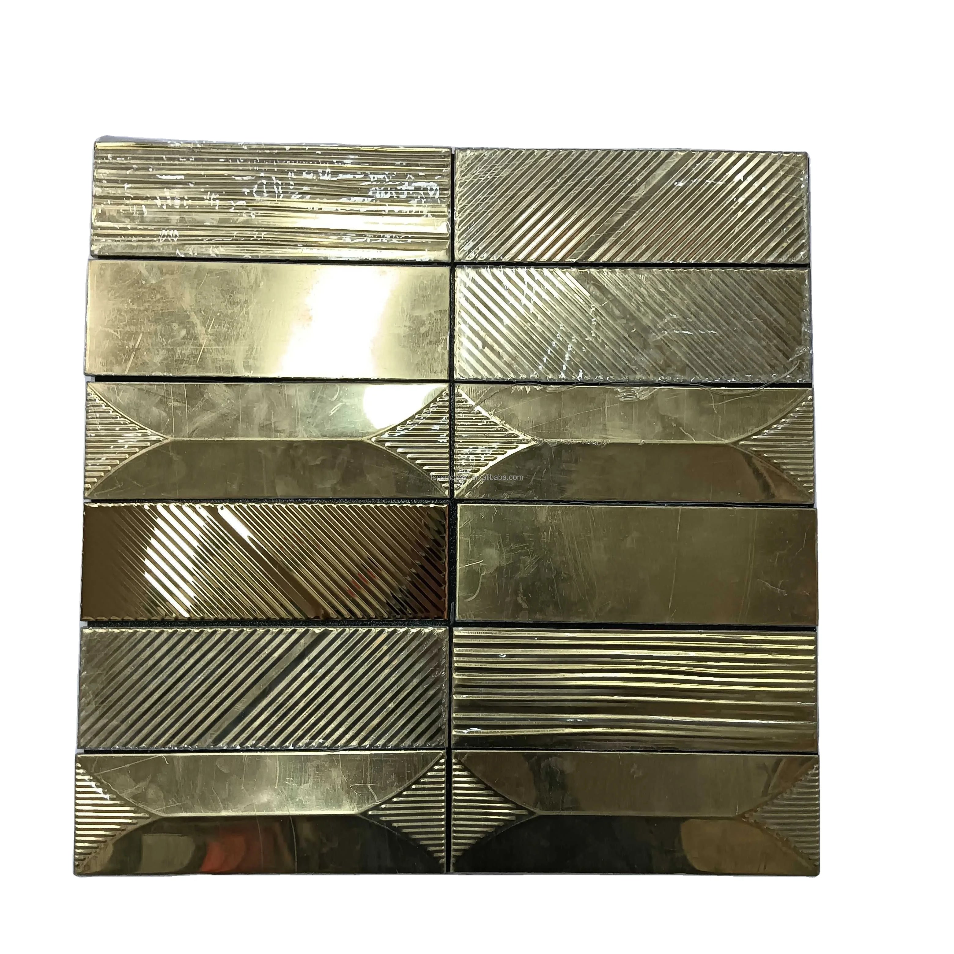 Foshan Wholesale Price Self Adhesive 3D Gold Metal Mosaic Strip Design Irregular Metal Mosaic Tile for Kitchen Backsplash