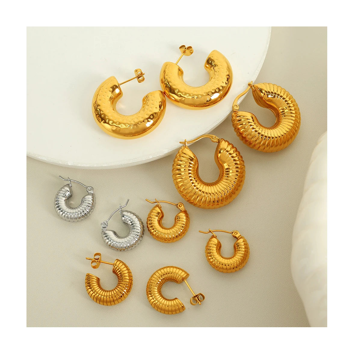 Stainless Stylish Waterproof Ear Cuff Jewelry PVD 18K Gold Plated Vermeil Chunky Thick Hollow Out Croissant Dome Hoop Earrings