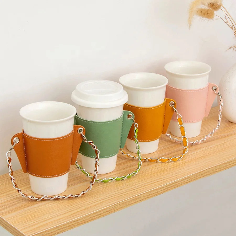 Custom Fashion Creative Coffee Camping Cup Custom Cute Novelty Leather Cover Design Travel Mug with Lid