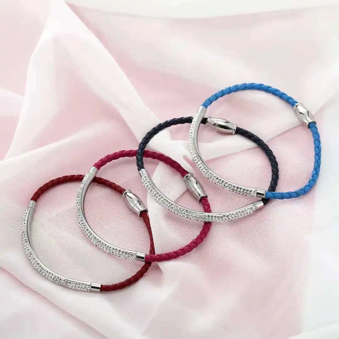 New Fashion Simple Titanium Steel Inlaid Diamond Leather Rope Bracelet Crystal Diamond Bracelet
