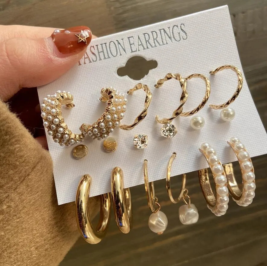 Women's Fashion Oversize Gold Hoop Set Acrylic Pearl Crystal Drop for Wedding Gift Punk Style Metal Circle Butterfly Heart