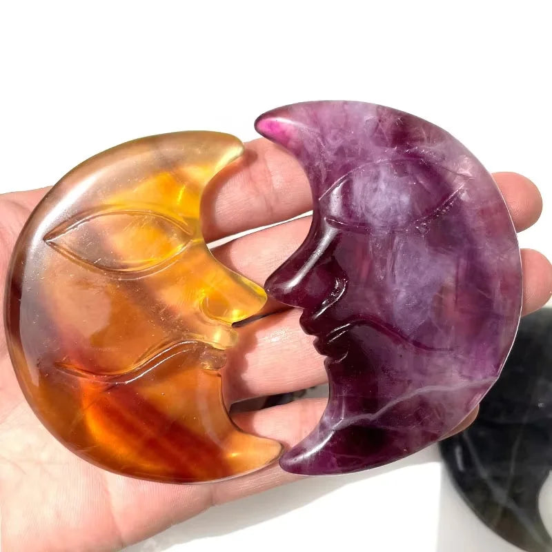 Natural Hand Carved Fluorite Moon Face Crystal Spiritual Healing Stone for Spiritual Crafts
