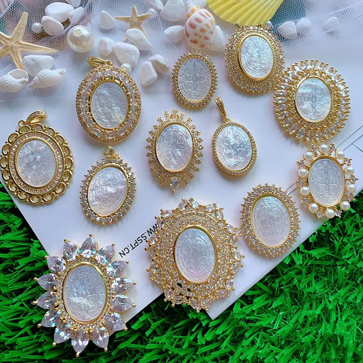 18K Gold Plated Mother of Pearl White Shell St Benedict Saint Benedict Medal Religious Protection San Benito Abad Medal Pendant