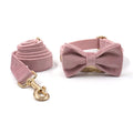 Heyri Pet Arrive New Designs Dark pink Velvet Dog Collar Leash Luxury Gold Metal Buckle Match Dog Harness Lovely Bow Tie