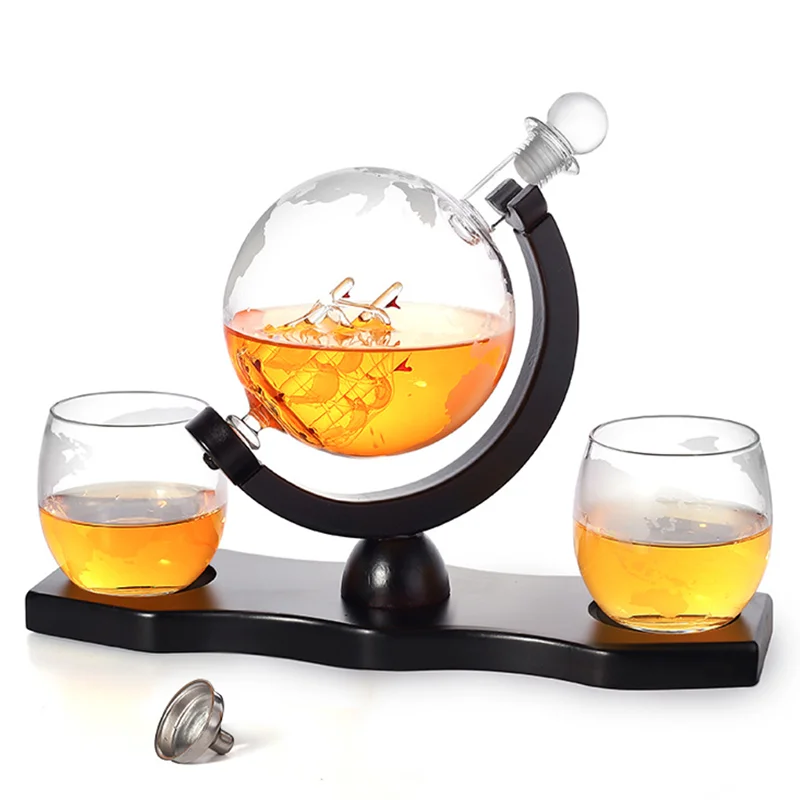 Etched Map Design 1000ml Globe Borosilicate Glass Decanter Set with 2 Map Glasses