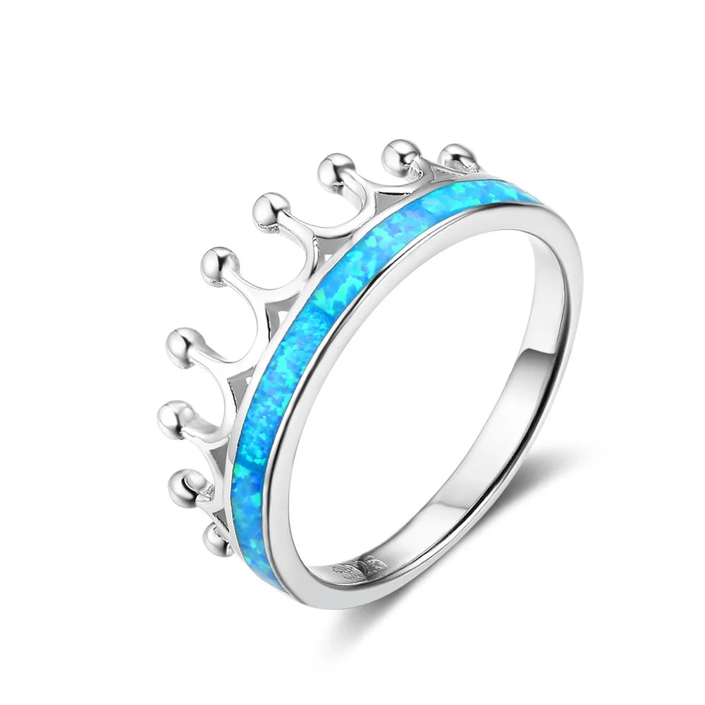 925 Sterling Silver Gemstone Ring Vintage Crown Opal Combination with Rhodium Plating