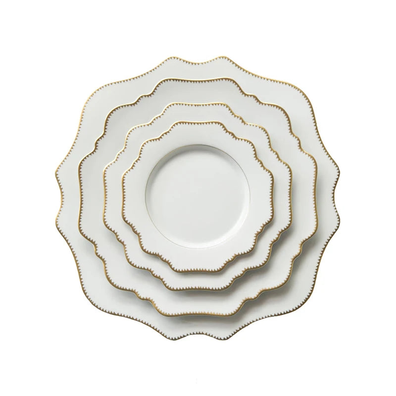Luxury Wedding Decorative Porcelain Serving Plates White Flower Gold Rimmed Ceramic Dinnerware Charger Plate Set