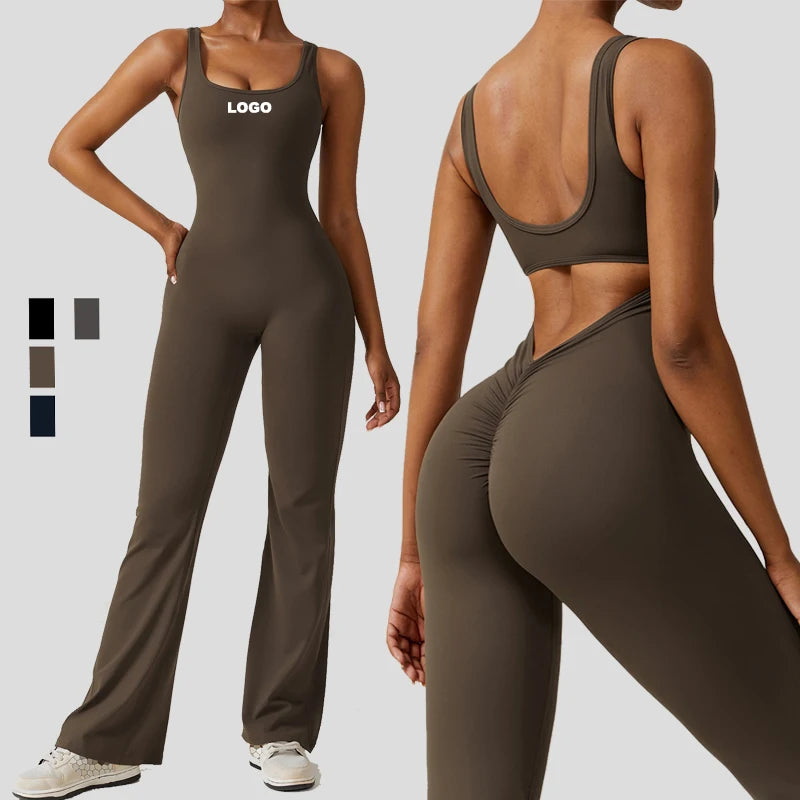 2023 New Bodycon Romper Jumpsuit square Collar One Piece Yoga Scrunch Butt Lift Flares Fitness Jumpsuit for Women