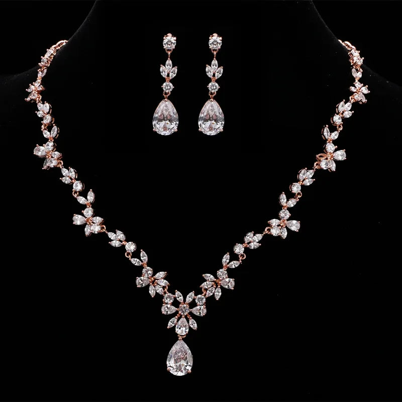 LUOXIN Wedding Bride Jewelry Set Cubic Zirconia Teardrop Flower Pendant Necklace Sets