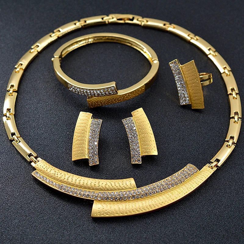 Dubai Gold Jewelry Sets for Women Necklace Earring Ring Bracelet Ensembles De Bijoux Pour Femmes Bridal Jewelry Set