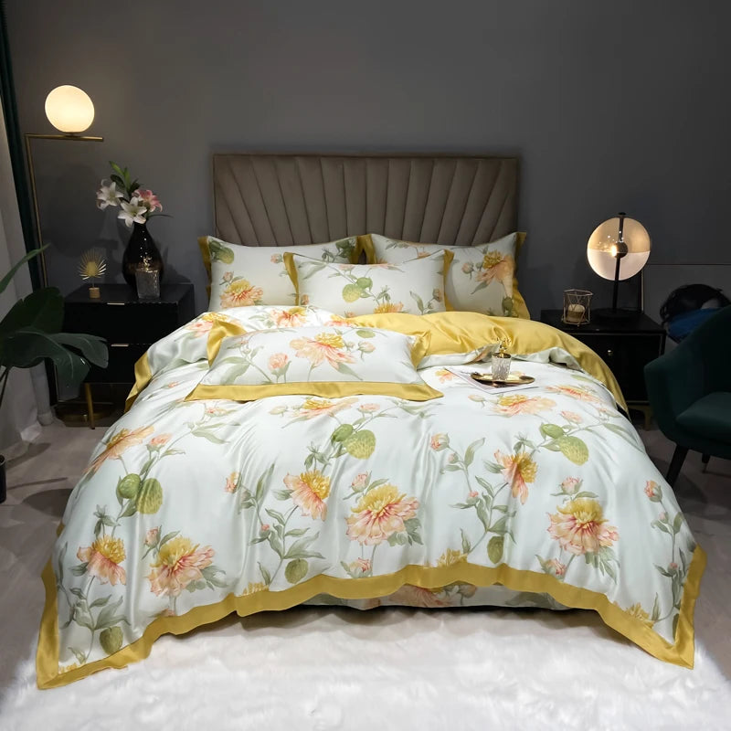 Wholesale Pastoral Style Pillow case Printed Lyocell Fiber Quilt Cover Bed Sheet Cotton Duvet Cover Yellow Bedding Set