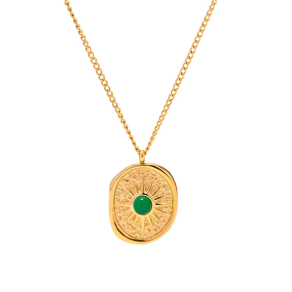 Dropshipping Stainless Steel Pendant Necklace PVD Gold Plated Natural Green Agate Stones Necklace for Women 2023 New Jewelry