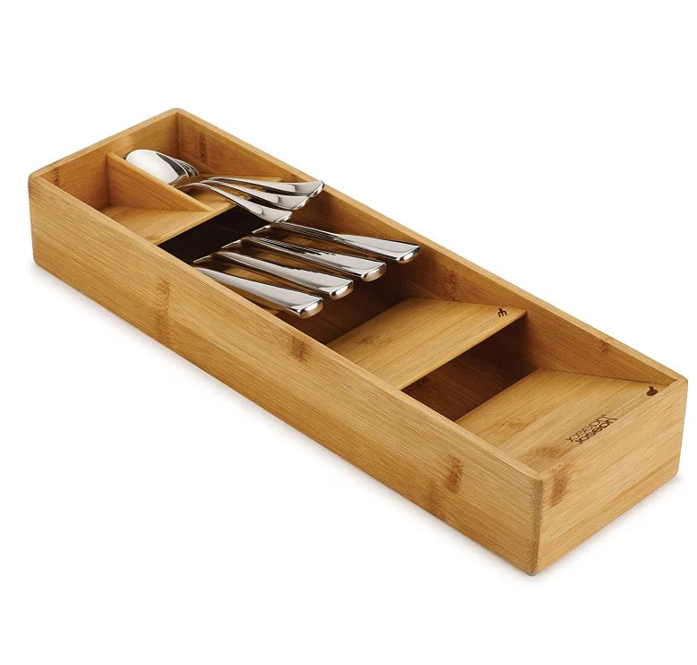 Bamboo Wood Knife Fork Spoon Storage Box with Stainless Steel Rectangle Kitchen Utensils Drawer Organizer for Food Storage