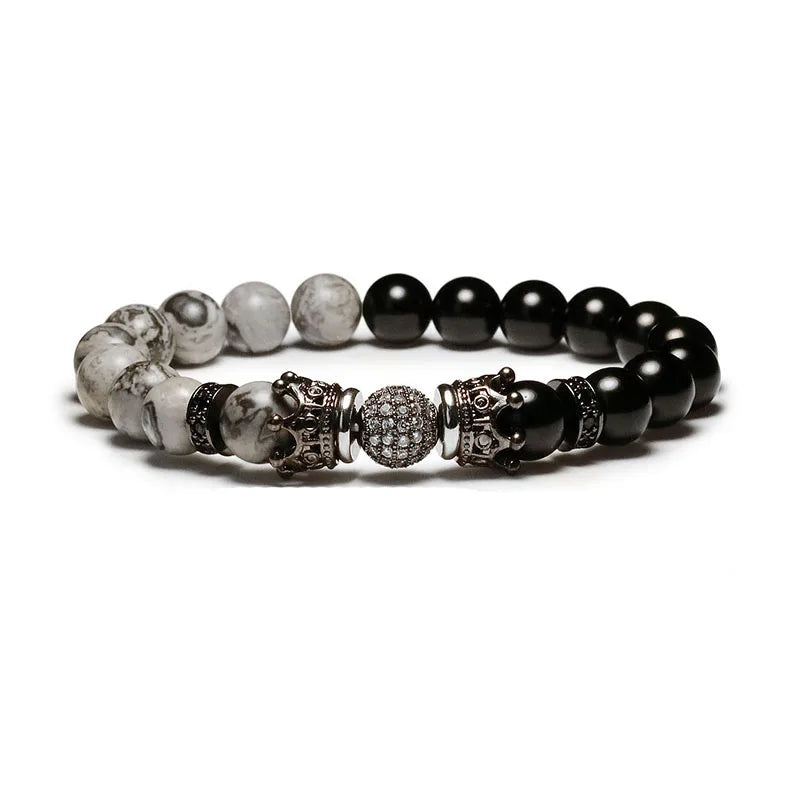 New Design Natural Stone CZ Pave Crown Charms Real Gold Plating Beaded Stretch Bracelet for Women Men