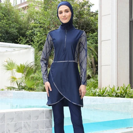 MOTIVE FORCE 3 Pieces Muslim Swimwear Full Cover Hijab Burkini Zipper Conservative Modest Swimming Suit Women Burkini for Sale