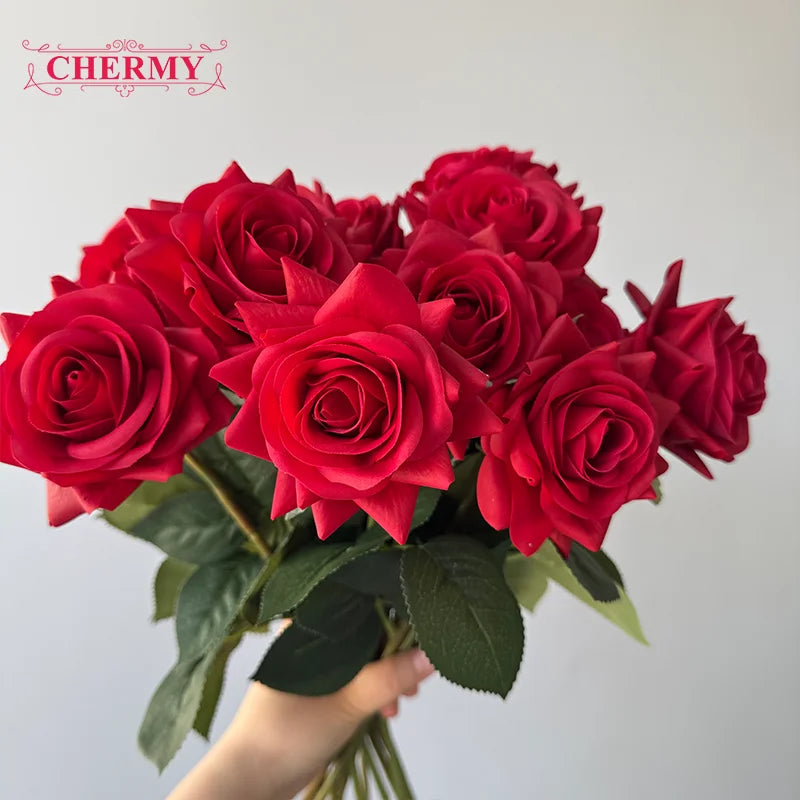 Dalian Chermy DC165 Fake Flower Artificial Pink White Red Rose Latex Real Touch Flowers Wedding Decoration