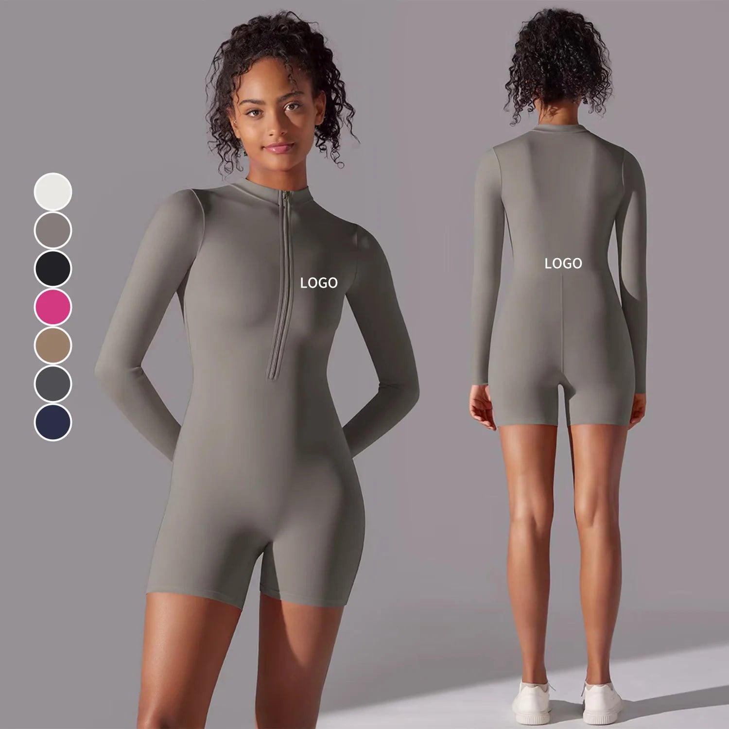 Custom Logo Long Sleeve Half Zipper Workout Sports Bodysuit Slim-Fit Breathable Four-Way Stretch Sweat-Wicking Shorts Romper