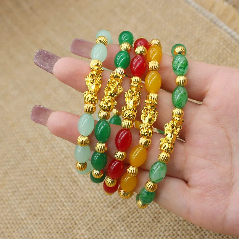 Jade Beads Good Luck Charm Bracelet Feng Shui Wealth PIXIU Gold Bracelet for Gift