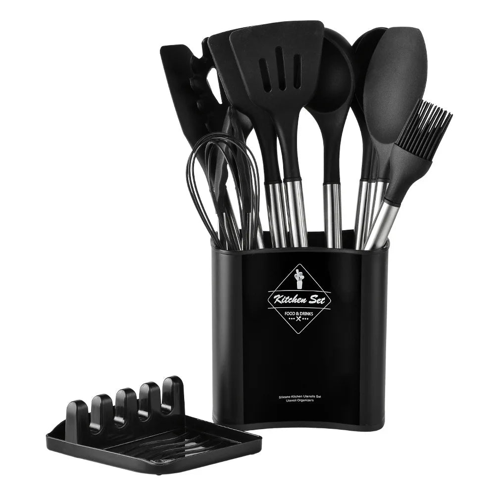 Hot Sale 12 Pcs Kitchen Silicone Accessories Tools Kitchenware Silicone Cooking Utensils Set With Stainless Steel Handle