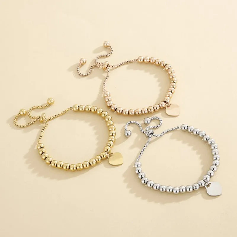 Adjustable Waterproof Stainless Steel Love Heart Beads Chain Bracelets Bangles for Women