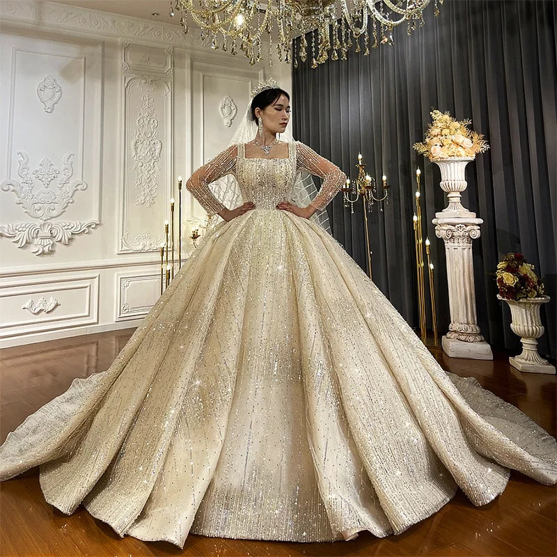 Jancember NS4216 Shiny Sequins Lace Tulle Square Collar Bridal Ball Gown Dress Women Wedding