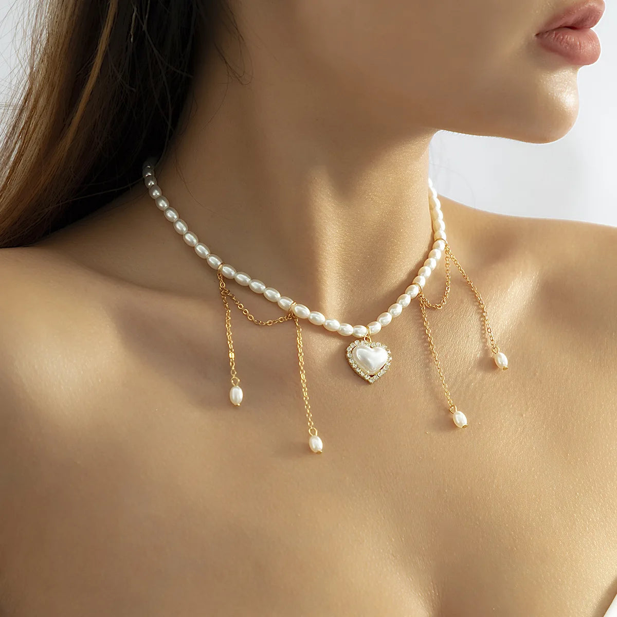 Fashion Style Tassel Crystal Heart Pendant Necklace Collana Personalizzata Hot Selling Pearl Heart Charm Necklace