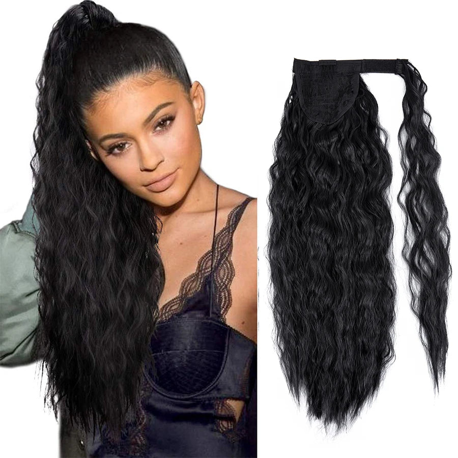 AliLeader 22 Inch Water Wave Synthetic Ponytail Hairpiece Kinky Curly Pony Tails Corn Wavy Wrap Around Ponytail Hair Extensions
