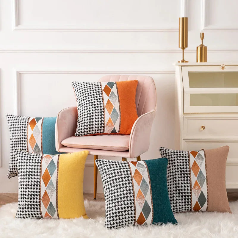 Ins Stitching Pillowcase Chenille Houndstooth Geometric Diamond Jacquard Sofa Pillow Living Room Sofa Cushion Pillowcase