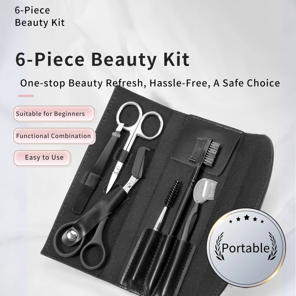 Premium Quality Professional Eyebrow Tweezers Kit Slanted Tip Stainless Steel Scissors Buckle Leather Pouch Pack 6 Makeup Tools