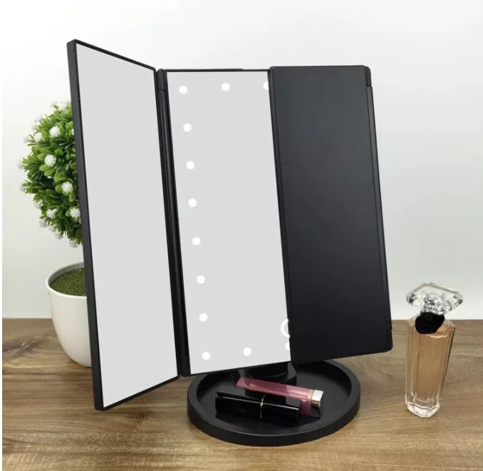 Desktop Vanity Makeup Mirror Magnification LED Lights Touch Screen Switch Tri-Fold Design 180 Mirror