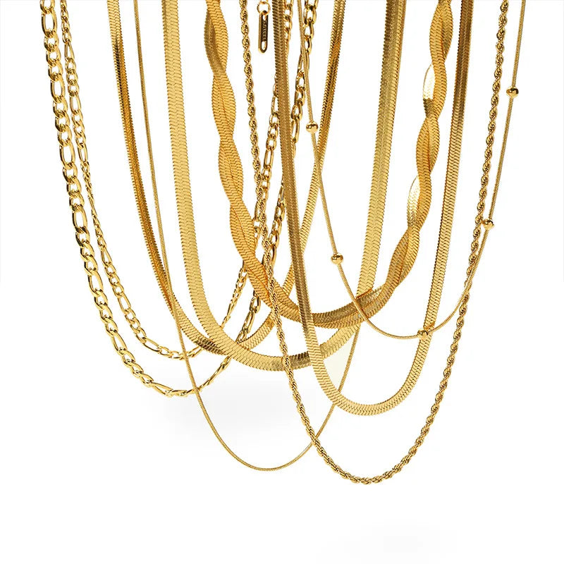 G2195 Wholesale Collar De Acero Inoxidable Stainless Steel 18K Gold Plated Multi Layer Flat Snake Chain Fashion Jewelry Necklace