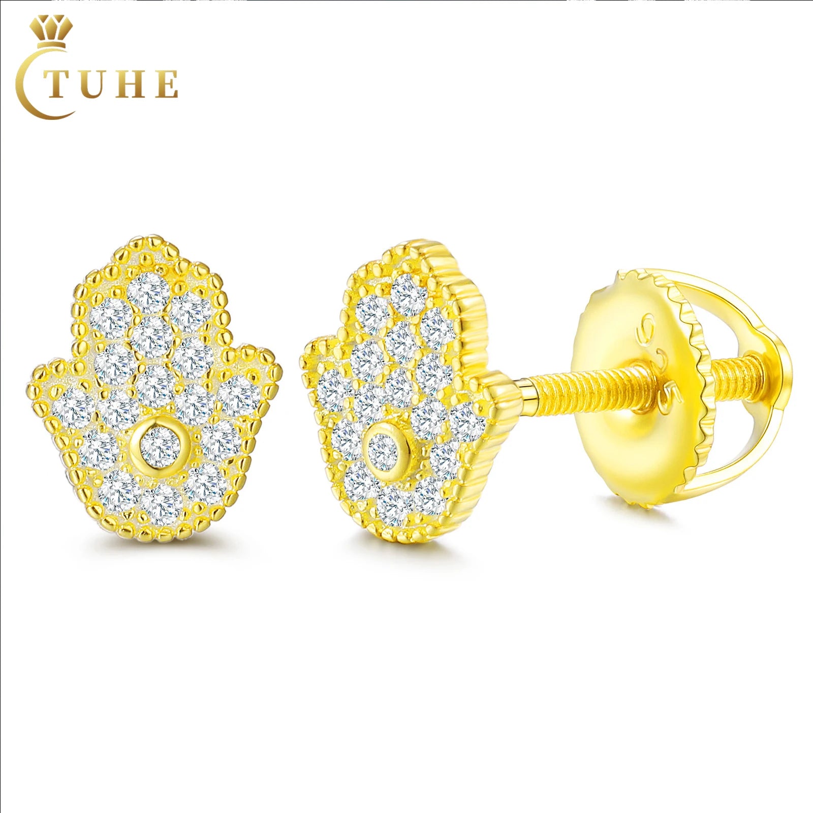 Jewelry Manufacturer Gold Plated Genuine 925 Sterling Silver VVS Moissanite Diamond Iced Out Hamsa Hand Stud Earrings for Men