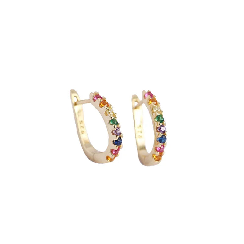Hot Selling 925 Sterling Silver Women's Vintage French Style Earrings Trendy Gold Plated Colorful Zircon Hoop Clip on Jewelry