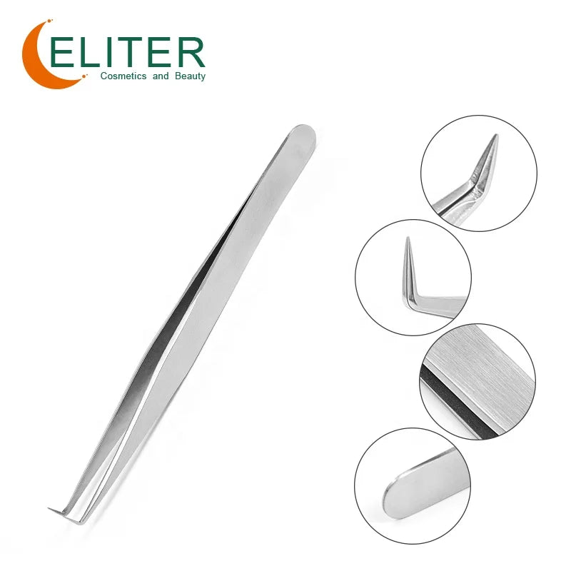 ELITER in Stock Stainless Steel 90 Degree Eyelash Tweezer Silver Coated Eyelash Remover Tweezer Pointed Eyelash Tweezers